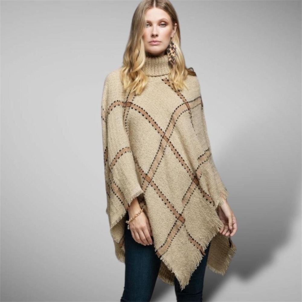 Macchia‎ Di Ruggine Poncho Women One Size Beige Plaid Fringe Turtleneck Cozy